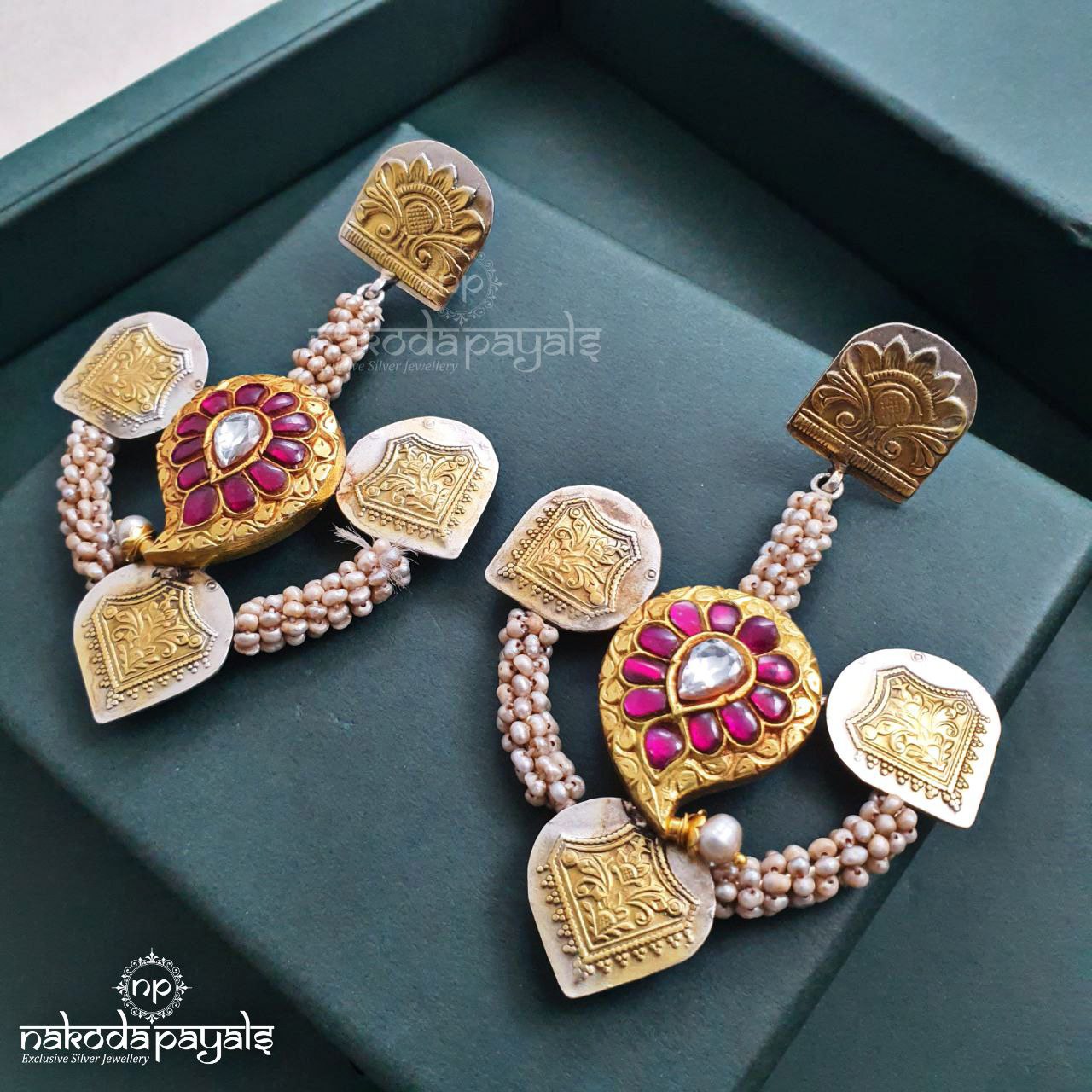 Small Sized Gold Plated Kundan Earrings - Mango Koyri Design. Stone Colour  Red